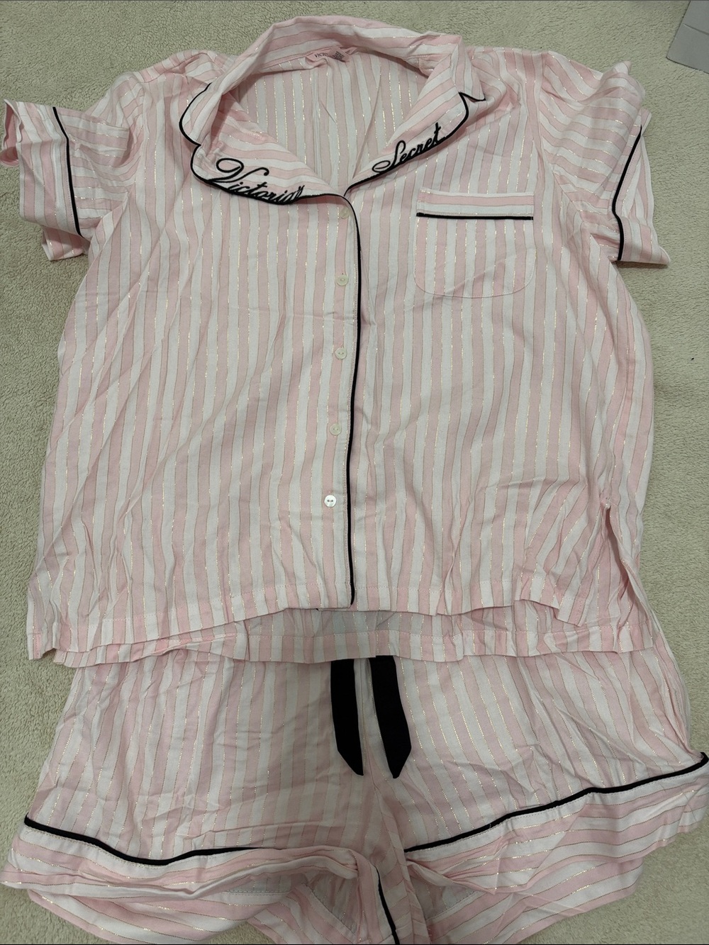 Victoria's Secret Pink & White Striped Short Pajama Set with Black Piping